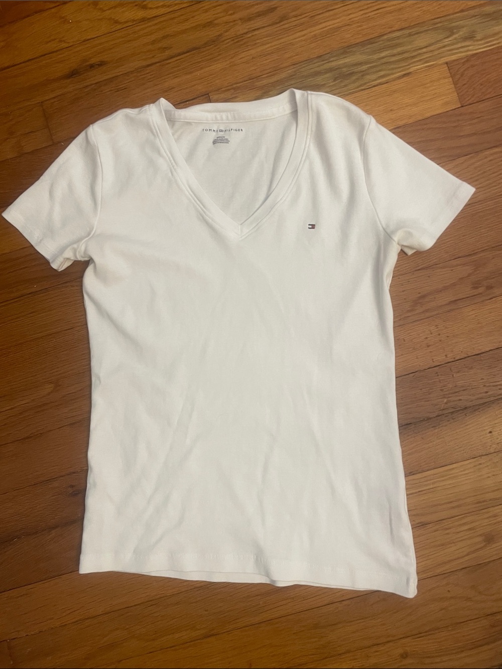 Tommy Hilfiger White V-Neck Short Sleeve Tee with Flag Logo